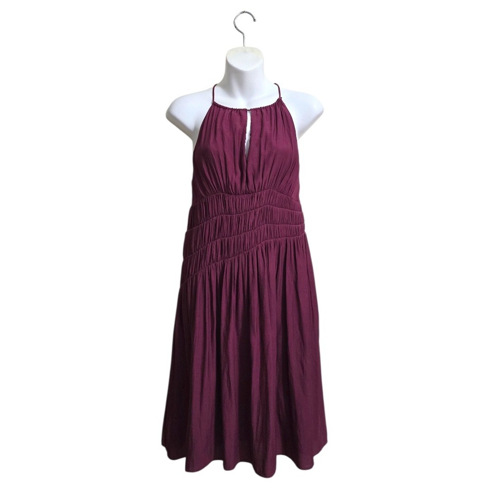 Moulinette Soeurs Anthropologie Burgundy Smocked Halter Neck Mini Dress Sz 0